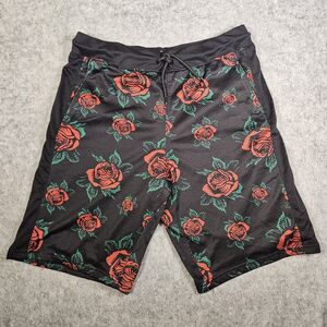Empyre Duncan Mens Black Red Rose Drawstring Mesh Shorts Casual Lounge Size L